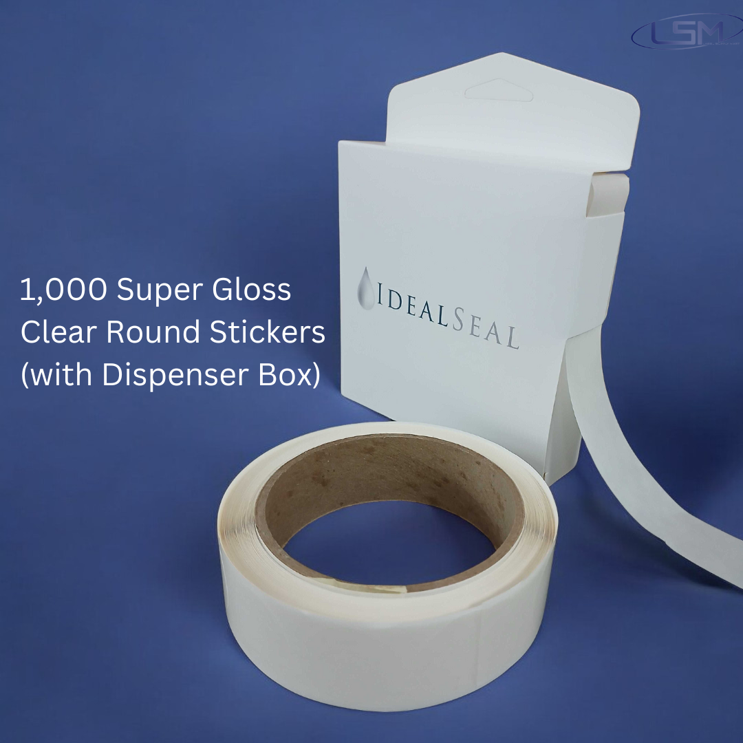 1,000 Super Gloss Clear Round Stickers (with Dispenser Box) Clear Retail Package Seals Mailing Seals Envelope Seals 1" Round Circle Wafer Stickers 1000 Per Roll (1 Roll Per Box) USA (6 Boxes (6000)) Label Supply Mart