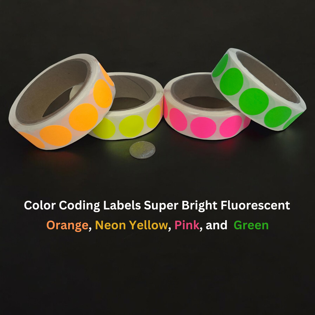 Color Coding Labels Super Bright Fluorescent Neon Yellow, Green, Orange and Pink Round Circle Dots for Organizing Inventory 1 Inch 2,000 Total Adhesive Stickers (500 of Each Color)