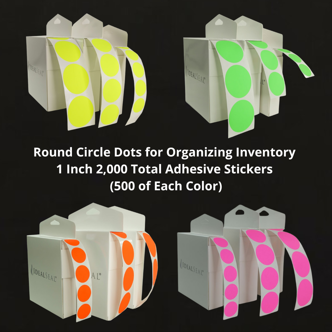 Color Coding Labels Super Bright Fluorescent Neon Yellow, Green, Orange and Pink Round Circle Dots for Organizing Inventory 1 Inch 2,000 Total Adhesive Stickers (500 of Each Color)