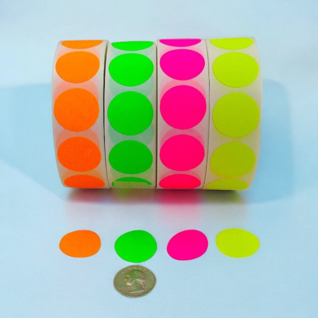 Color Coding Labels Super Bright Fluorescent Neon Yellow, Green, Orange and Pink Round Circle Dots for Organizing Inventory 1 Inch 2,000 Total Adhesive Stickers (500 of Each Color)